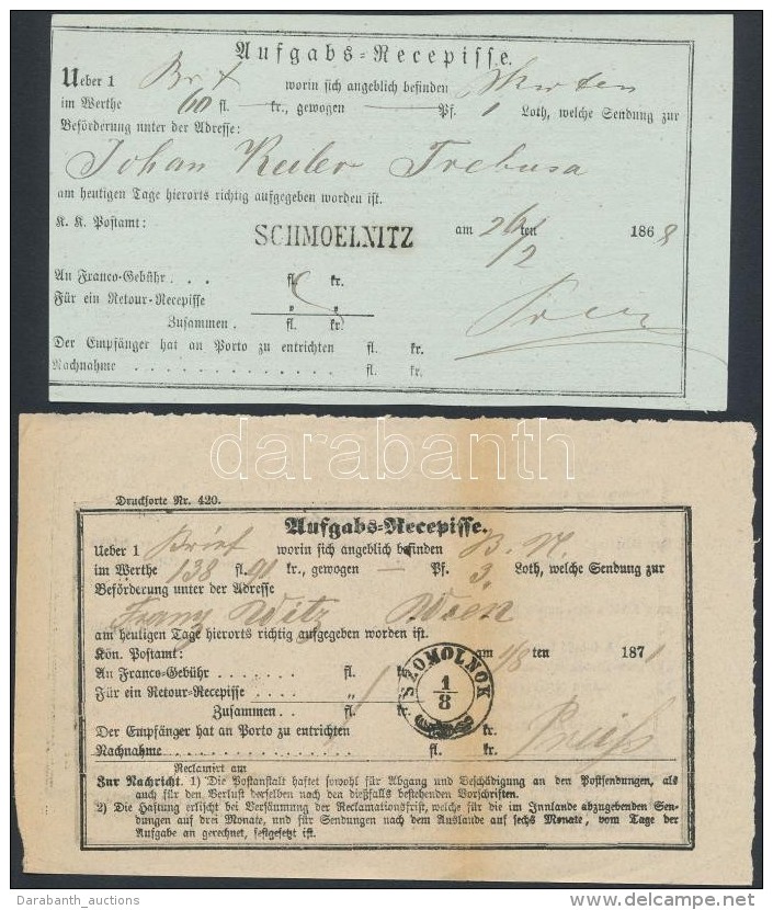 1868-1971 2 Db Recepisse 'SCHMOELNITZ' és 'SZOMOLNOK' - Other & Unclassified