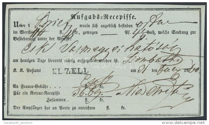 1860 Aufgabs Recepisse 'KL.ZELL' - Autres & Non Classés