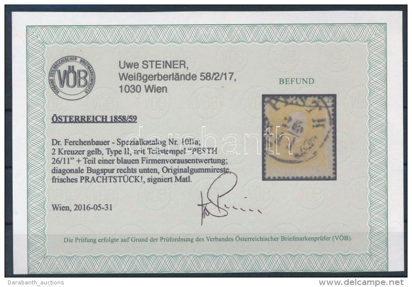 O 1858 2kr II. 'PESTH' Certificate: Steiner - Otros & Sin Clasificación