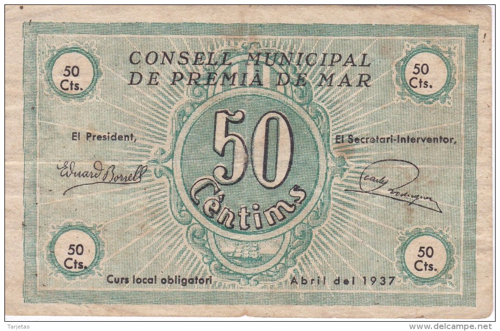 BILLETE DE 50 CENTIMOS DEL CONSELL MUNICIPAL DE PREMIA DE MAR DEL AÑO 1937 (SELLO SECO)  (BANKNOTE) - Sonstige & Ohne Zuordnung