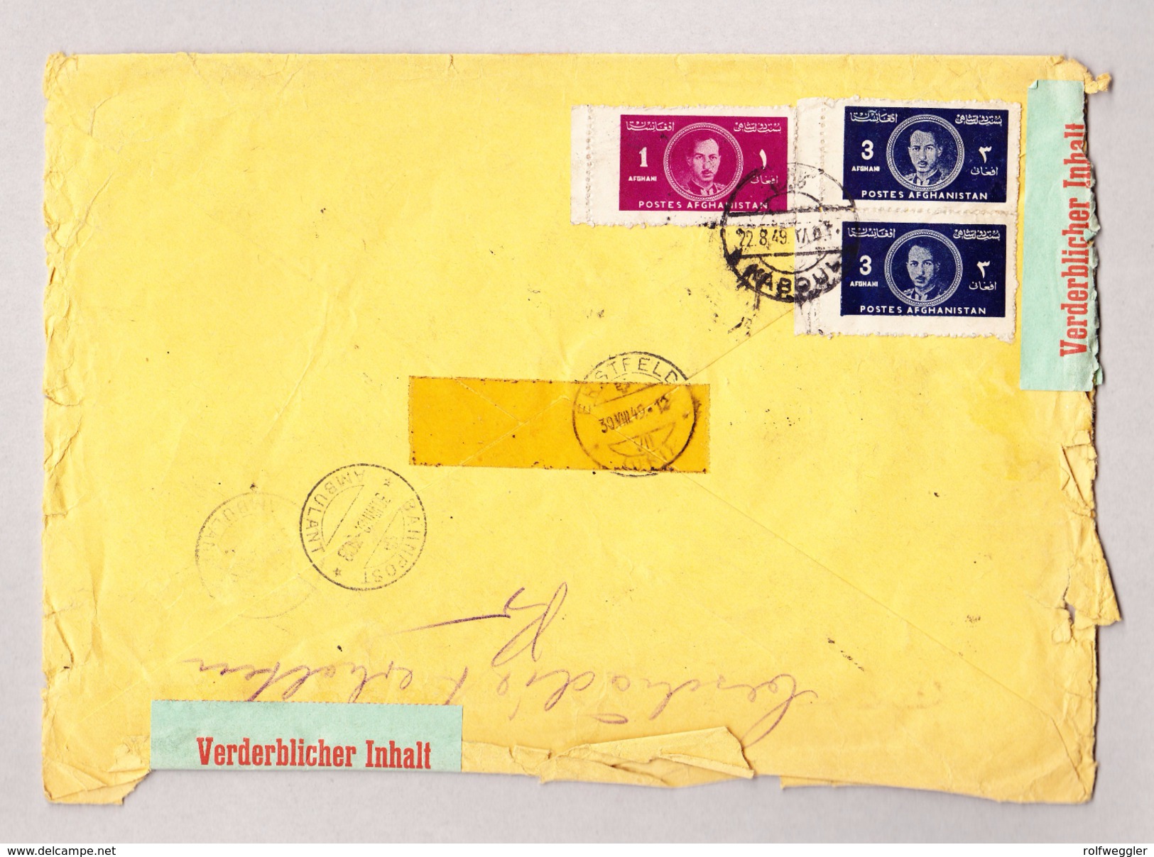 Afghanistan Firmen Luftpost R-Brief 22.8.1949 Kaboul Nach Erstfeld Mit Veraschlussetiketten "Verderblicher Inhalt" - Afghanistan