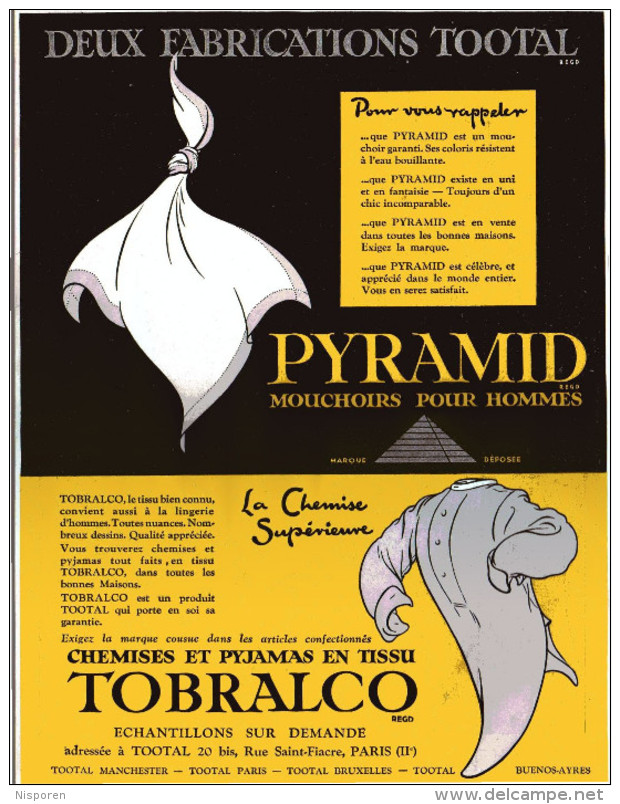 Publicité Parue Dans L'illustration - 26 Nov 27 - Pyramid Mouchoir Pour Hommes - Chemises Et Pyjamas En TissuTobralco - - Publicités