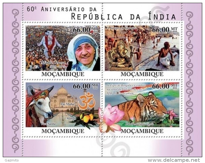 Mozambico 2010, 60th India, Gandhi, Mother Teresa, Tiger, 6val In BF - Mother Teresa