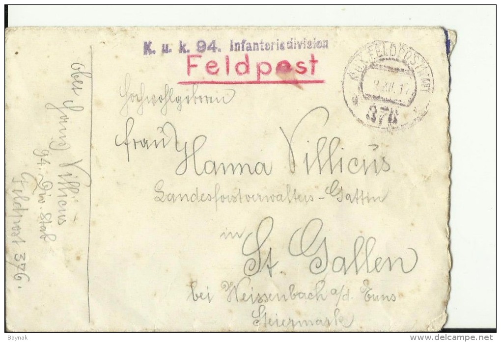 AUSTRIA , ST. GALLEN, STEIERMA     --  K.u.K. FELDPOST   --  K.u.K. 94. INFANTERIEDIVISION  --  FELDPOST 376 - Documents