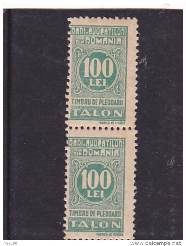# 176 REVENUE STAMP, 100 LEI,MNH **,  IN PAIR OF TWO, ROMANIA - Fiscale Zegels