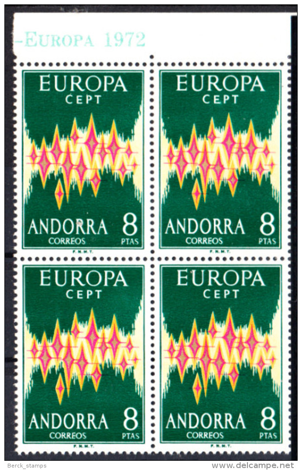 EUROPA - 1972 - Andorre Espagnol - N° 64a - Bloc De 4 Haut De Feuille - LUXE. (Authentique) - 1972