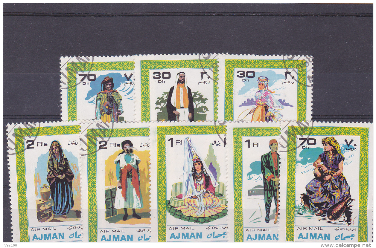 # 177 ARABIC COSTUMES, USED, EIGHT STAMPS, AJMAN, UNITED ARAB EMIRATES - Ajman