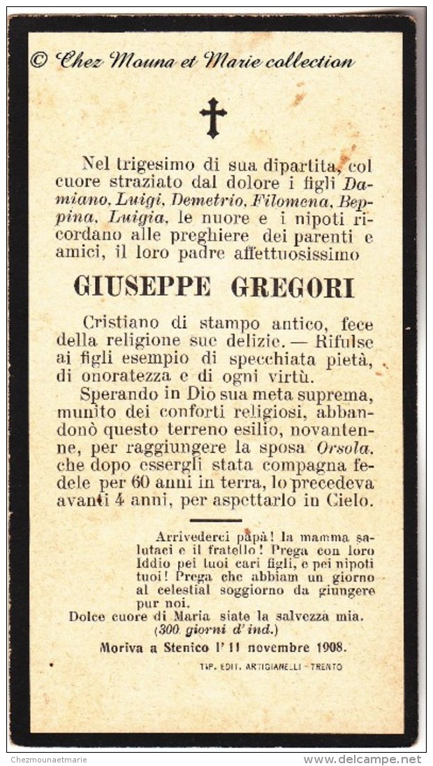 ITALIE - GIUSEPPE GREGORI - STENICO - MORTE - AVIS DE DECES - Décès