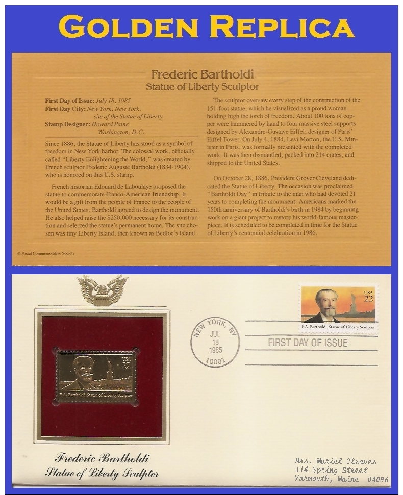 US #2147 ADDR GOLDEN REPLICA FDC   Frederic Auguste Bartholdi - 1981-1990