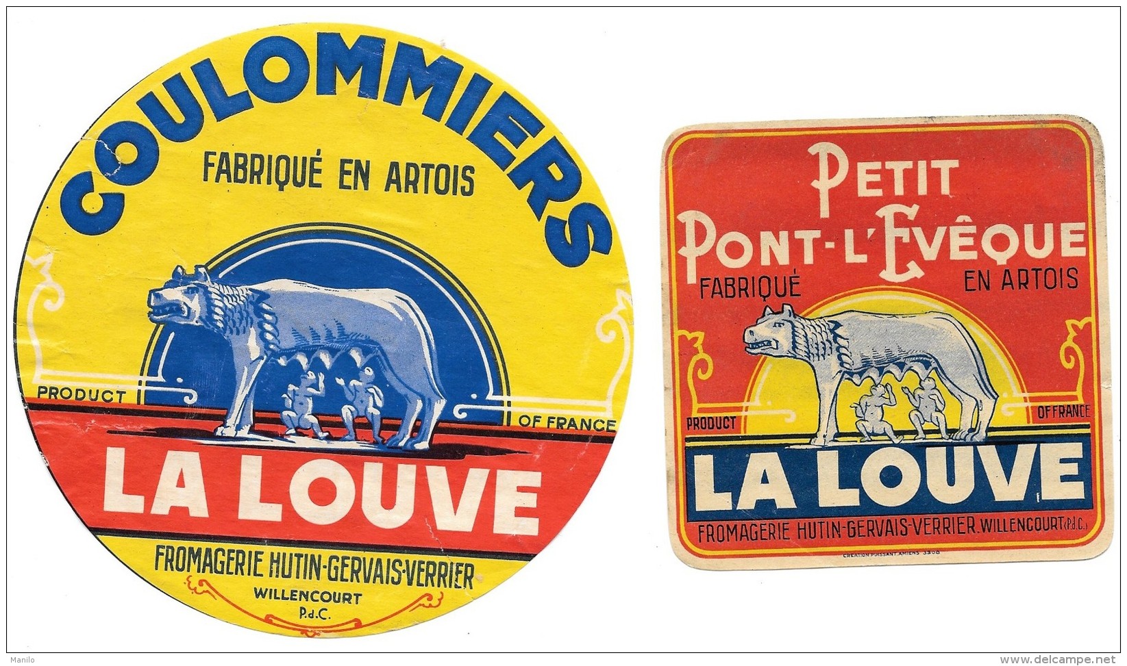 2 étiquettes PETIT PONT L'EVEQUE &amp; COULOMMIERS "LA LOUVE" FROMAGERIE HUTIN-GERVAIS-VERRIER à WILLENCOURT (P De C° - Fromage