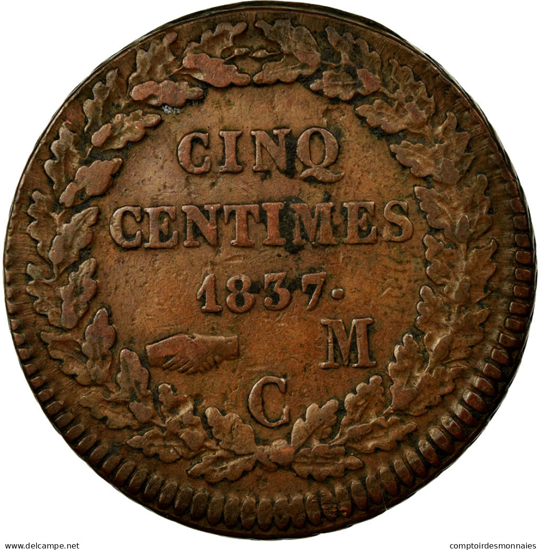 Monnaie, Monaco, Honore V, 5 Centimes, Cinq, 1837, Monaco, TTB, Cast Brass - 1819-1922 Honoré V, Charles III, Albert I