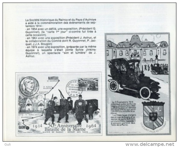 GAGNY-Plaquette 70 ème Anniversaire du départ des Taxis de la Marne (cachet poste Timbre philatélie Militaria 1914-1984)