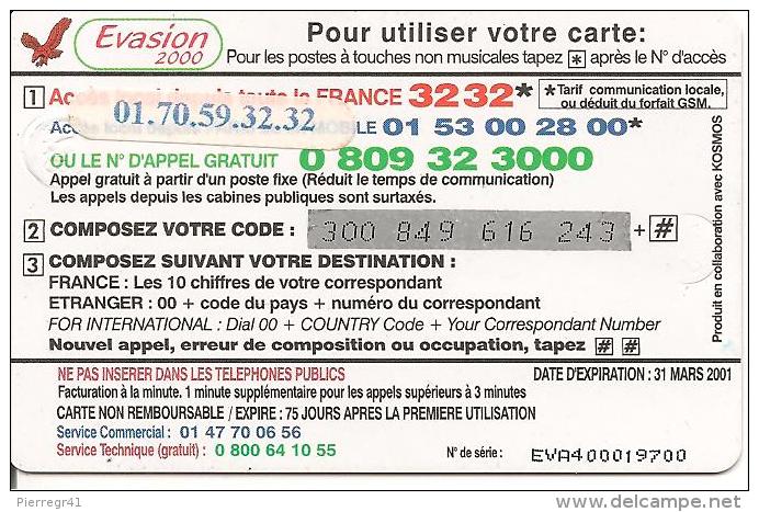 CARTE-PREPAYEE--EAGLE-100F-150U-EVASION 2000-31/03/2001-V°Autocollant N° Acces-Plastic Fin Mat-GrattéTBE - Autres & Non Classés