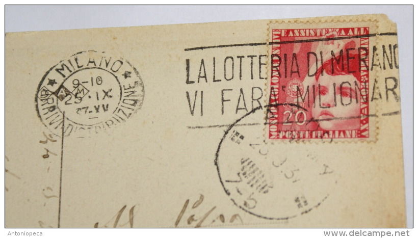 ITALIA REGNO 1937 - COLONIE ESTIVE CENT 20 SU CARTOLINA  DA MILANO A ANDRIA - Storia Postale