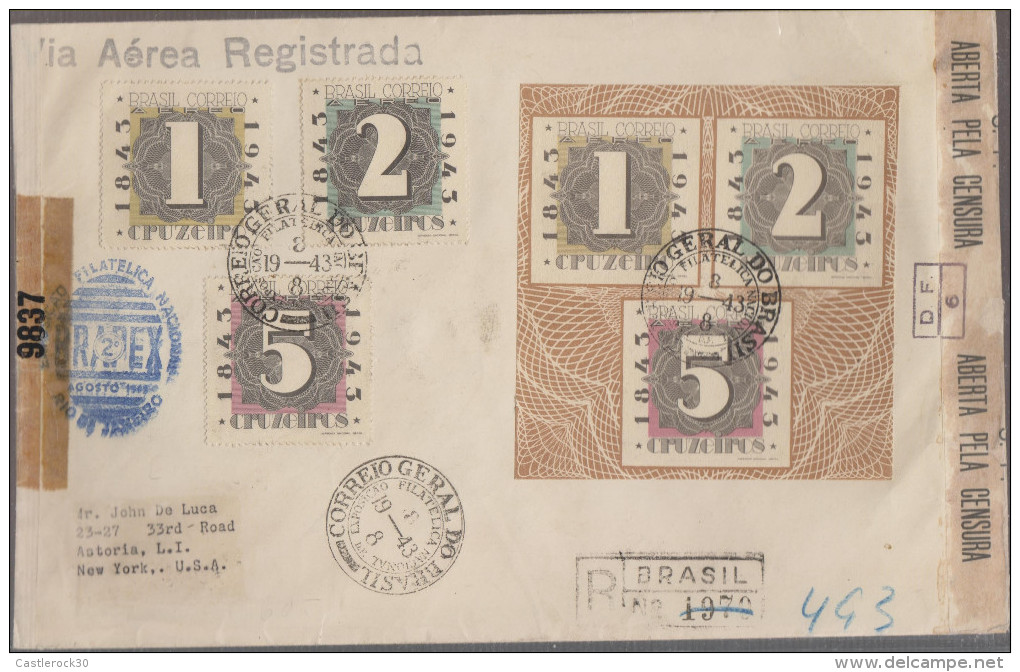 O) 1943 BRAZIL,  REGISTERED MAIL WITH OPEN FOR CENSORSHIP, STAMP CENTENARY 1843 TO 1943, CORREO GERALDO-BRAPEX, XF - Posta Aerea