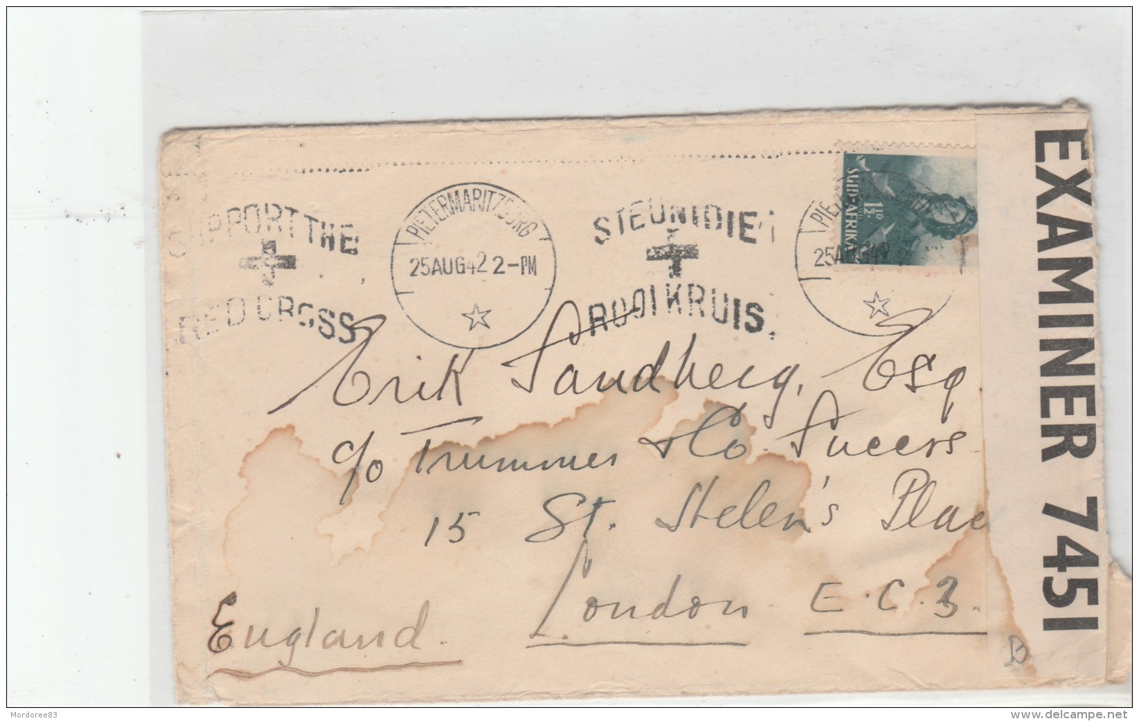 SOUTH AFRIKA YT 120 SUR LETTRE  PIETERMARITZBURG 25/8/42 OPEN BY EXAMINER 7451 POUR ENGLAND LONDON - Covers & Documents