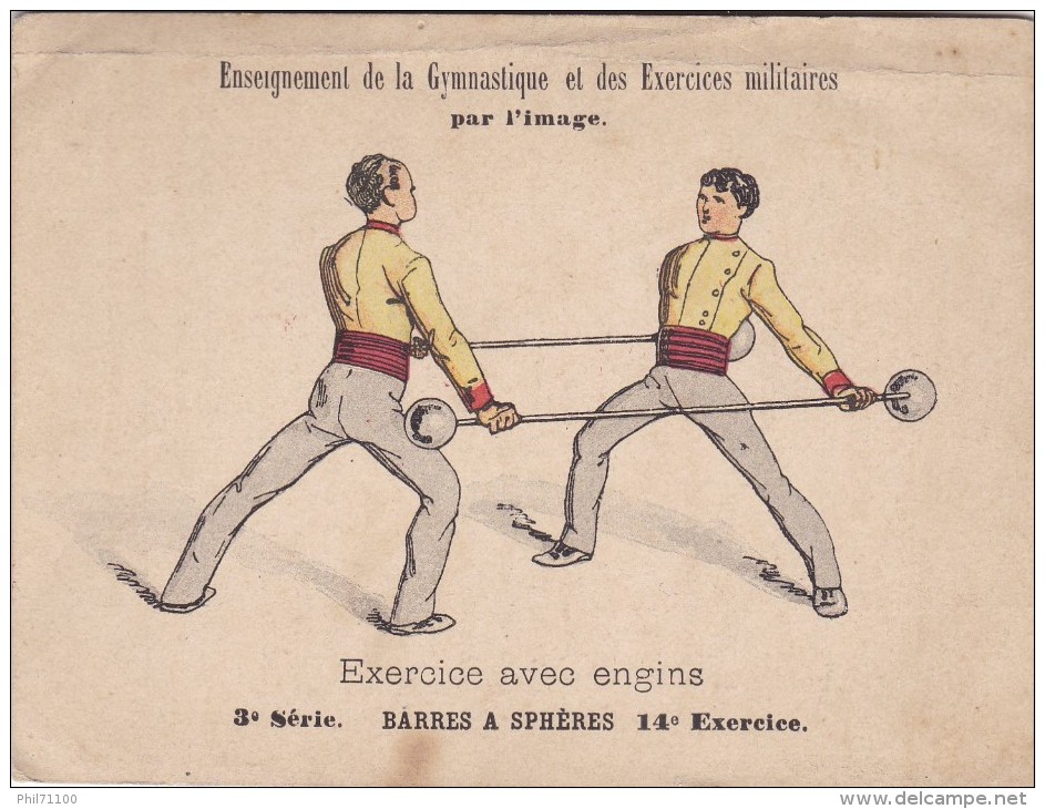 CHROMO IKELMER ENSEIGNEMENT DE LA GYMNASTIQUE ET DES EXERCICES MILITAIRES 3EME SERIE BARRES A SPHERES RARE !!! - Other & Unclassified