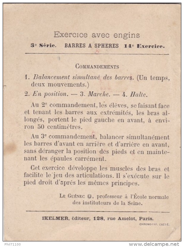 CHROMO IKELMER ENSEIGNEMENT DE LA GYMNASTIQUE ET DES EXERCICES MILITAIRES 3EME SERIE BARRES A SPHERES RARE !!! - Other & Unclassified