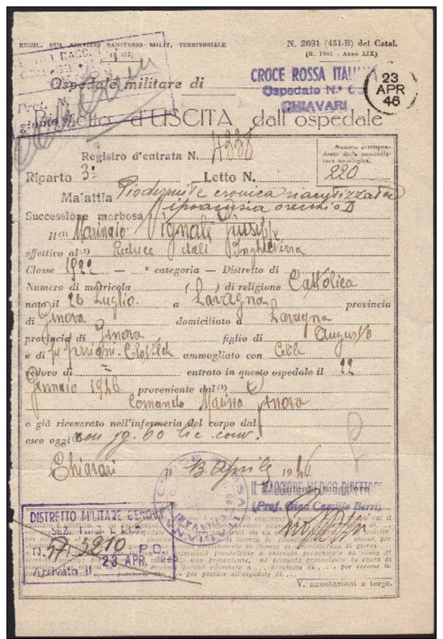 CHIAVARI 1946 - CROCE ROSSA / RED CROSS / CROIX ROUGE / ROTE KREUZ - DOCUMENTO OSPEDALIERO - SX335 - Marcophilia