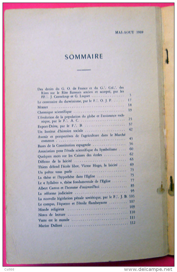 1959  Bulletin Du Centre De Documentation Du GODF N°16-17 éditeur  Imprimerie D´Hauteville Paris  Freemason - Esotérisme