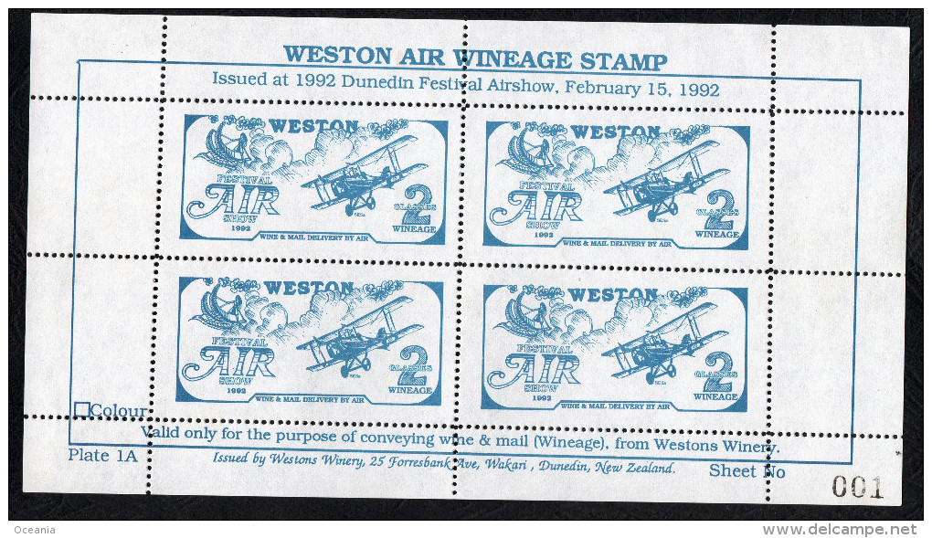 New Zealand Wine Post Dunedin Airshow 1992 Sheetlet With First Sheet Number. - Other & Unclassified