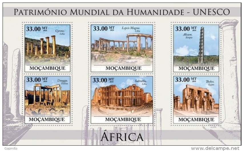 Mozambico 2010, UNESCO In Africa III, Piramids, Etiopia, Libia, Tunisia, 6val In BF - Egittologia