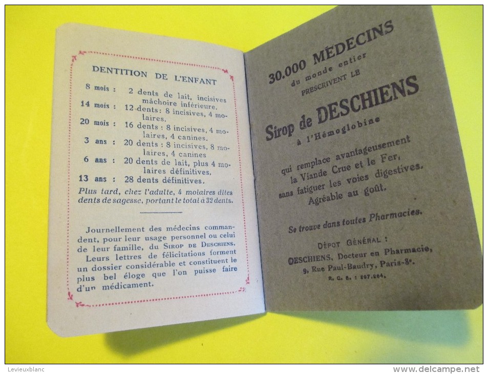 Petit Agenda-Calendrier De Poche/ Sirop De Deschiens à L'Hémoglobine/Anémie/Médicament/1933     CAL 326 - Sonstige & Ohne Zuordnung