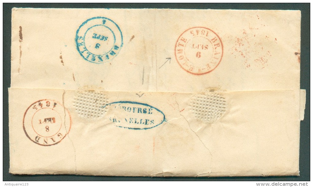 LAC De TERNEUZEN 7/9 (1845) + Griffe Encadrée Bleue SR (de Bruxelles)  Vers Ecaussines (sic Chez Braine-le-Comte) - Vers - 1830-1849 (Belgique Indépendante)