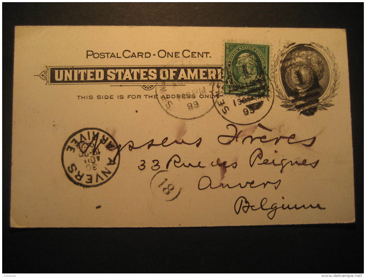 Seneca Falls 1899 To Anvers Belgium Stamp On Postal Stationery Card USA - Briefe U. Dokumente