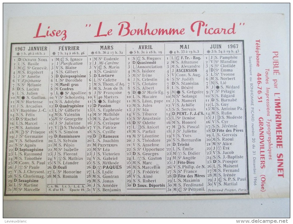 Calendrier Moyen De Bureau/"Le Bonhomme Picard"/Imprimerie/ SINET / Grandvilliers/Oise//1967    CAL346 - Autres & Non Classés