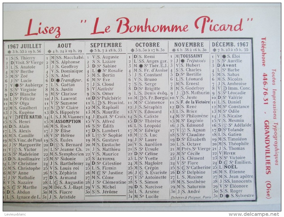 Calendrier Moyen De Bureau/"Le Bonhomme Picard"/Imprimerie/ SINET / Grandvilliers/Oise//1967    CAL346 - Otros & Sin Clasificación