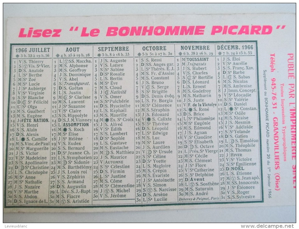 Calendrier Moyen De Bureau/"Le Bonhomme Picard"/Imprimerie/ SINET / Grandvilliers/Oise//1966    CAL347 - Autres & Non Classés