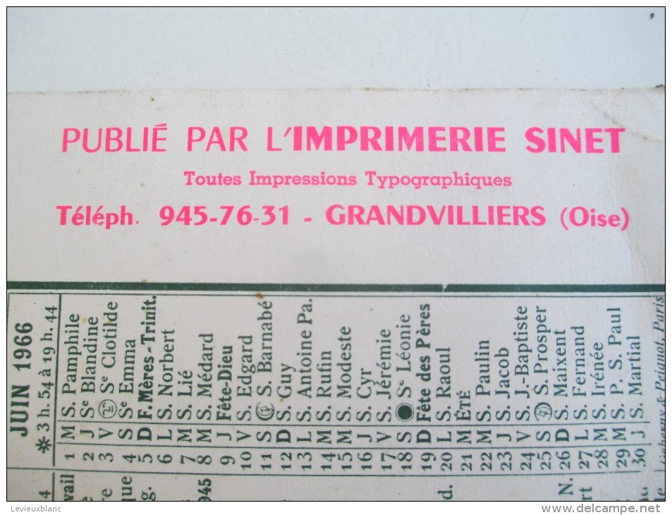 Calendrier Moyen De Bureau/"Le Bonhomme Picard"/Imprimerie/ SINET / Grandvilliers/Oise//1966    CAL347 - Autres & Non Classés