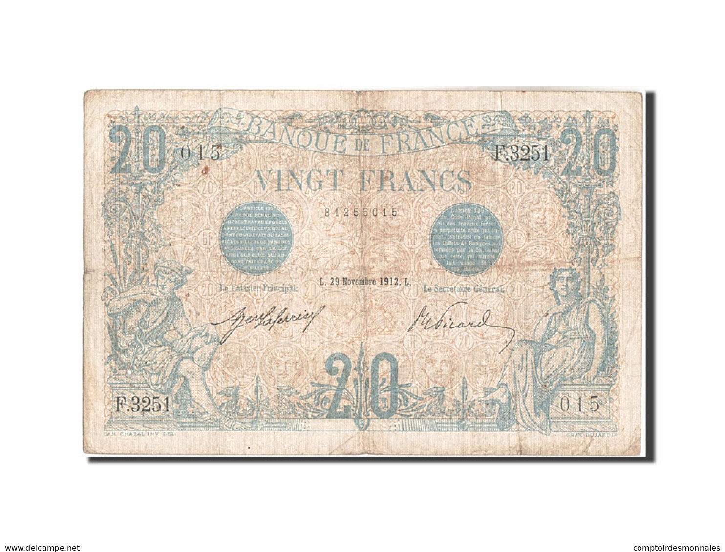 Billet, France, 20 Francs, 20 F 1905-1913 ''Bleu'', 1912, 1912-11-29, TB+ - 20 F 1905-1913 ''Bleu''