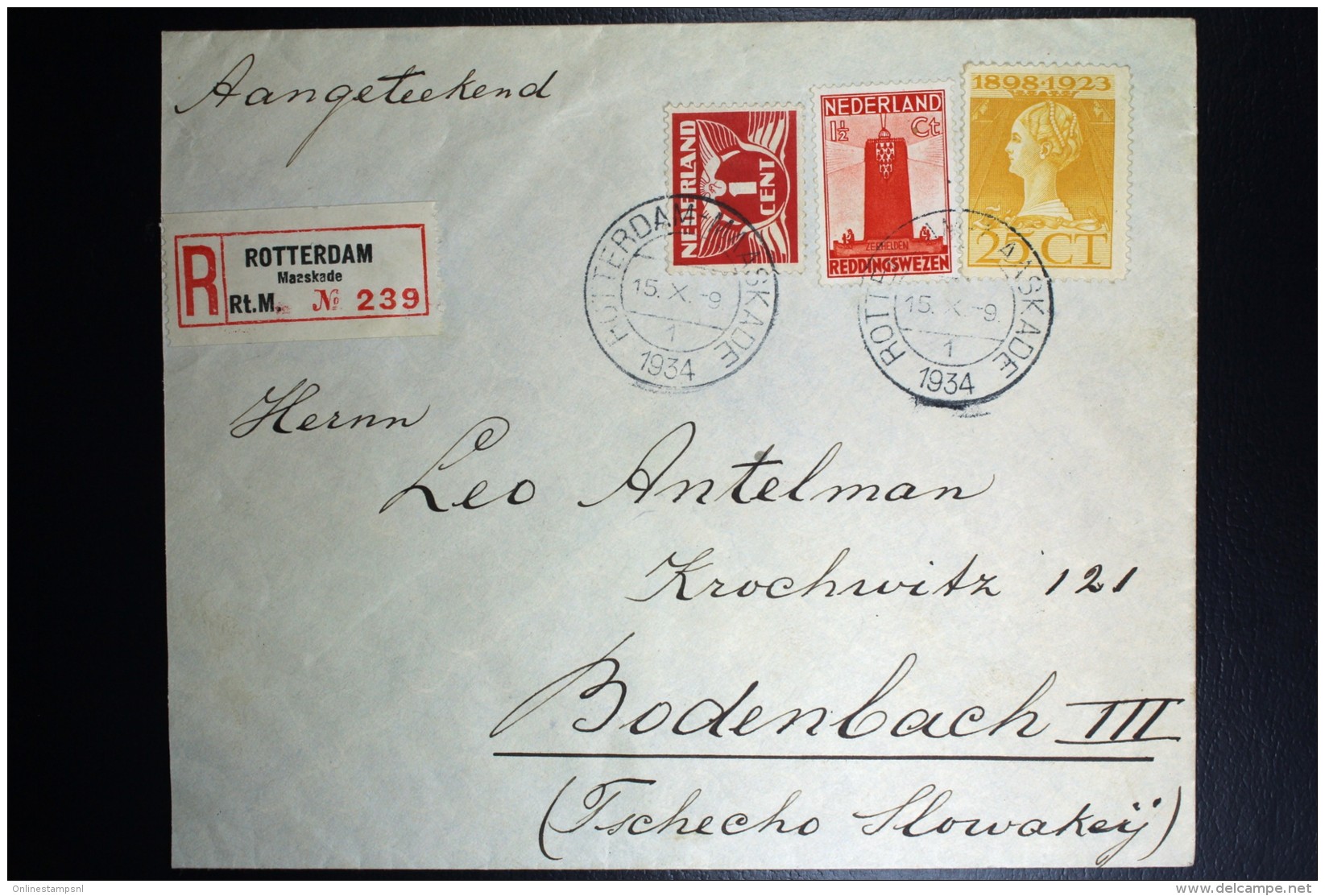 Nederland  Aangetekende Brief Rotterdam Naar Bodenbach 1934 Mengfrankering Nr 126 + 171 + 257 - Brieven En Documenten