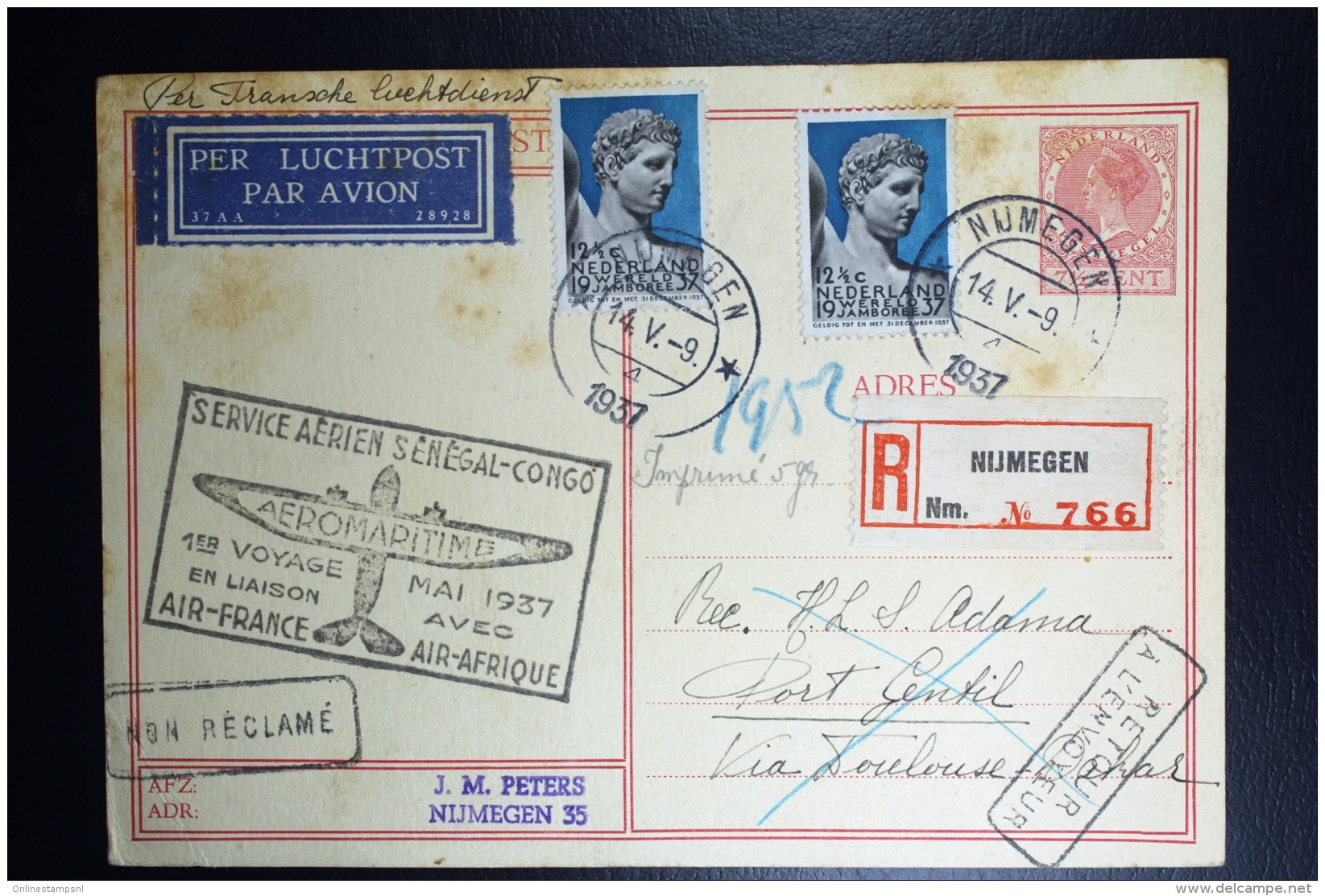 Nederland  Briefkaart 227d Aangetekend Nijmegen Port Gentil GAbon. 1er Voyage Aeromaritime 1937 + Retour - Airmail