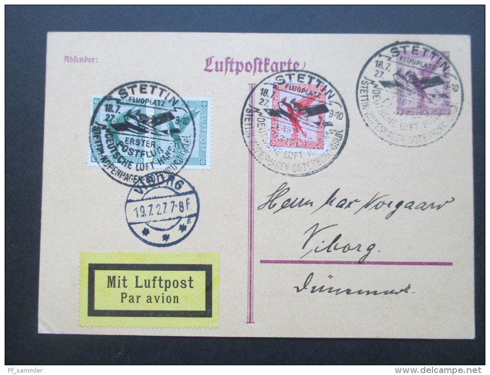 DR 1927 Luftpost GA Mit Zusatzfrankatur. SST Stettin Flugplatz Erster Postflug Deutsche Lufthansa Stettin - Koppenhagen - Posta Aerea & Zeppelin