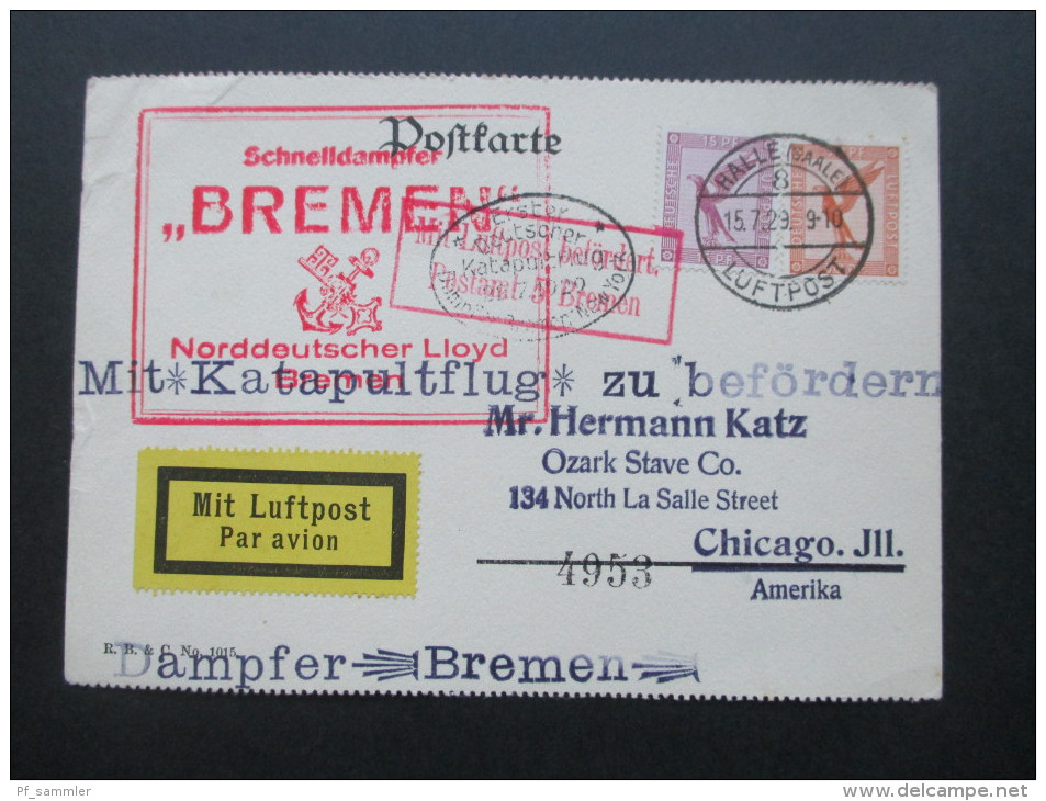 DR 1929 Erster Deutscher Katapultflug! Schnelldampfer Bremen Norddeutscher Lloyd. Postamt 5 Bremen. Halle - Chicago - Correo Aéreo & Zeppelin