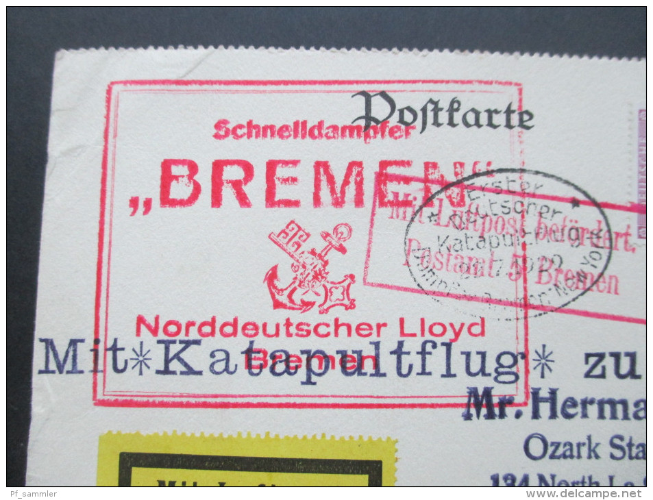 DR 1929 Erster Deutscher Katapultflug! Schnelldampfer Bremen Norddeutscher Lloyd. Postamt 5 Bremen. Halle - Chicago - Luft- Und Zeppelinpost