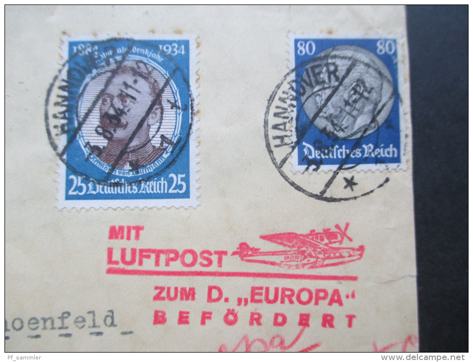 DR 1934 Nr. 543 MiF Deutscher Schleuderflug Dampfer Europa - New York. Mit Luftpost Befördert. Vignette Winter Hilfswerk - Correo Aéreo & Zeppelin