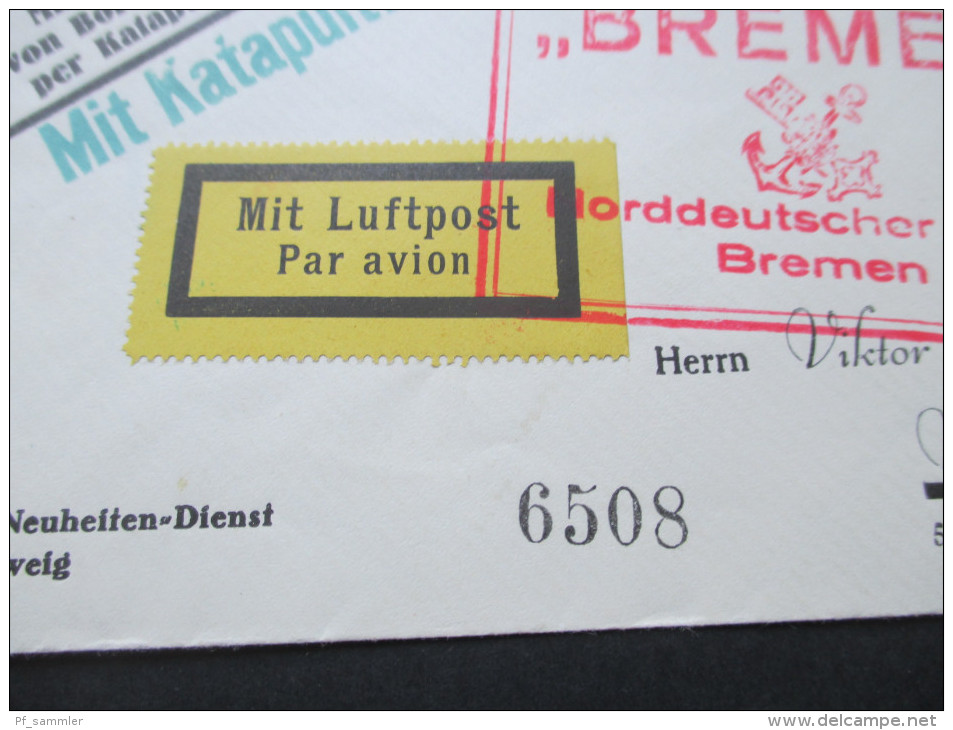 DR 1929 Erster Deutscher Katapultflug! Schnelldampfer Bremen Norddeutscher Lloyd. Heinkel D 1717 Per Katapult Flugzeug - Luft- Und Zeppelinpost