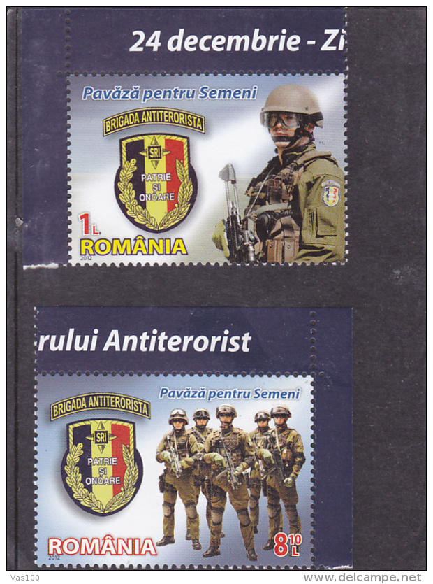 # 180  ANTITERORISM, GUARD, 2012, MNH **, TWO STAMPS + LABELS, ROMANIA - Unused Stamps
