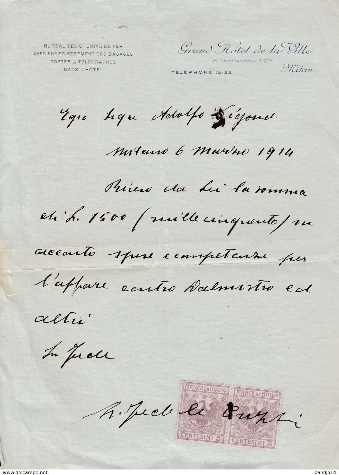 Sur Lettre 2x 5 Cts Marco Da Bollo - Fiscales