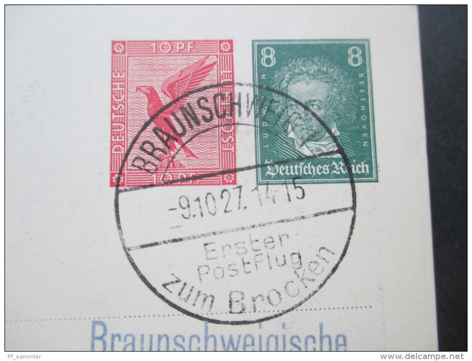 Deutsches Reich1927  Erster Postflug Zum Brocken, Privat-Ganzsache. Von Hindenburg Postkarte. Postagentur Brocken - Sonstige & Ohne Zuordnung