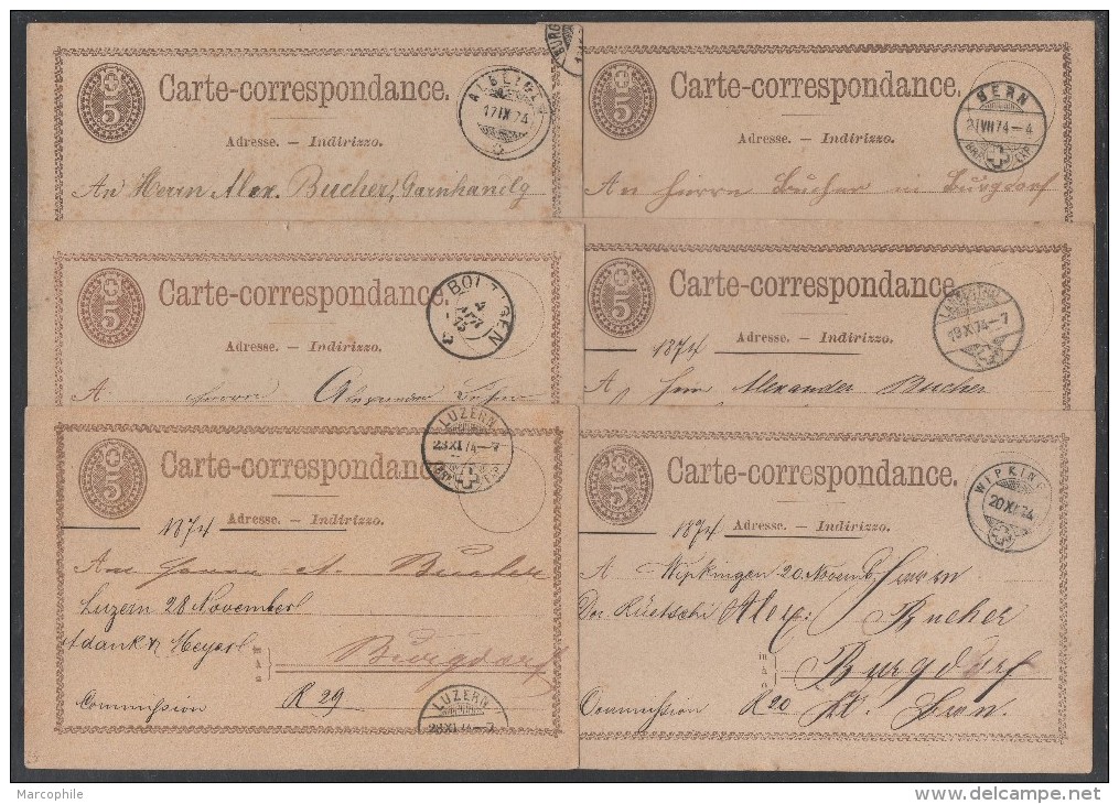 SUISSE / 1874-1875  - 6 ENTIERS POSTAUX - OBLITERATIONS DIFFERENTES (ref 7165) - Ganzsachen