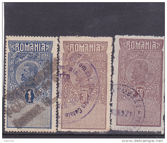 # 181   REVENUE STAMPS, 50 BANI, KING FERDINAND,USED, THREE STAMPS, ROMANIA - Fiscale Zegels