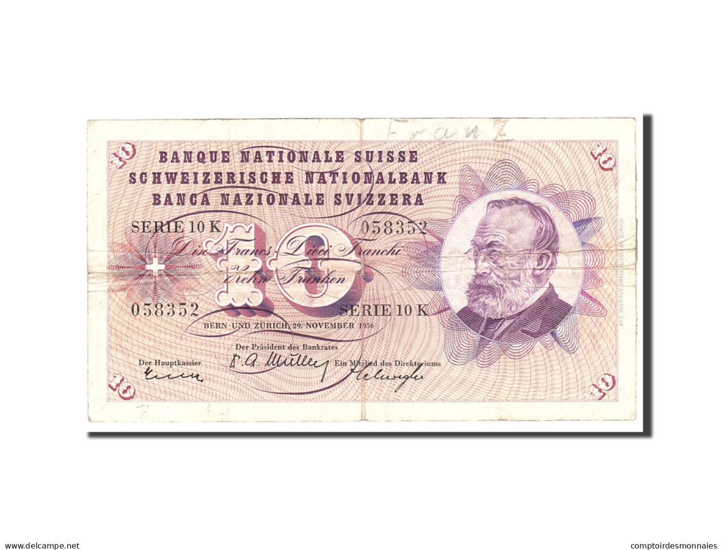 Billet, Suisse, 10 Franken, 1956, 1956-11-29, TB+, KM:45c - 1955-1959 Aufdrucke Neue Francs