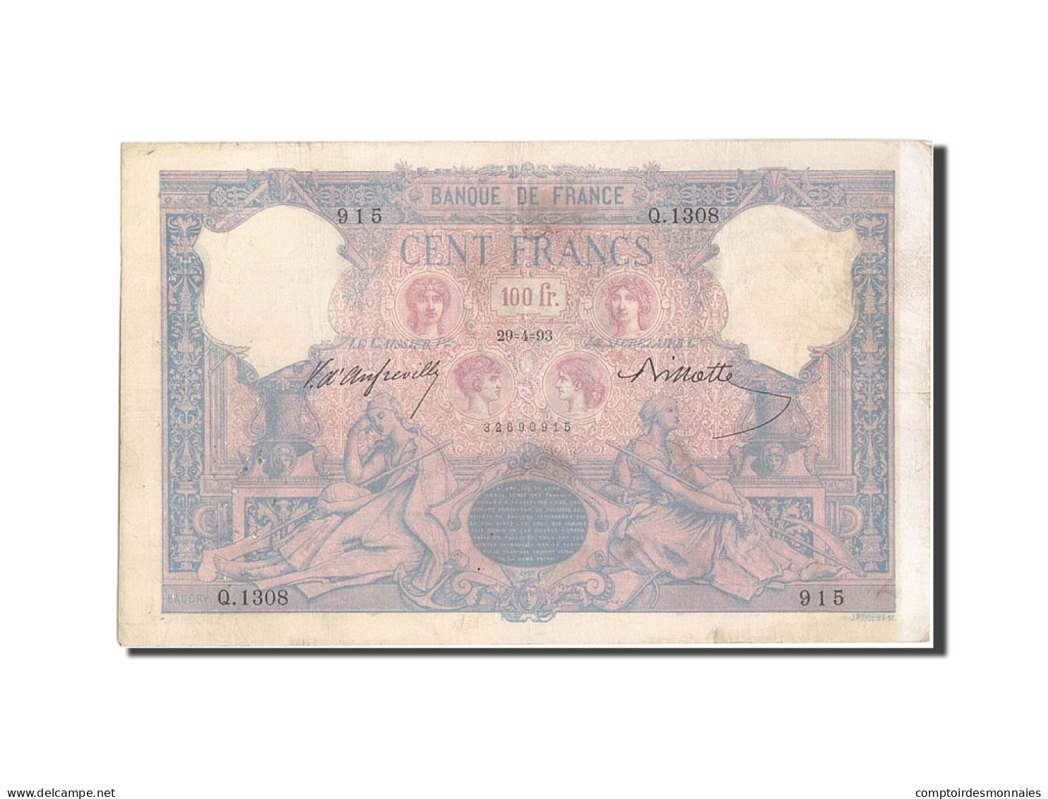 Billet, France, 100 Francs, 100 F 1888-1909 ''Bleu Et Rose'', 1893, 1893-04-29 - 100 F 1888-1909 ''Bleu Et Rose''