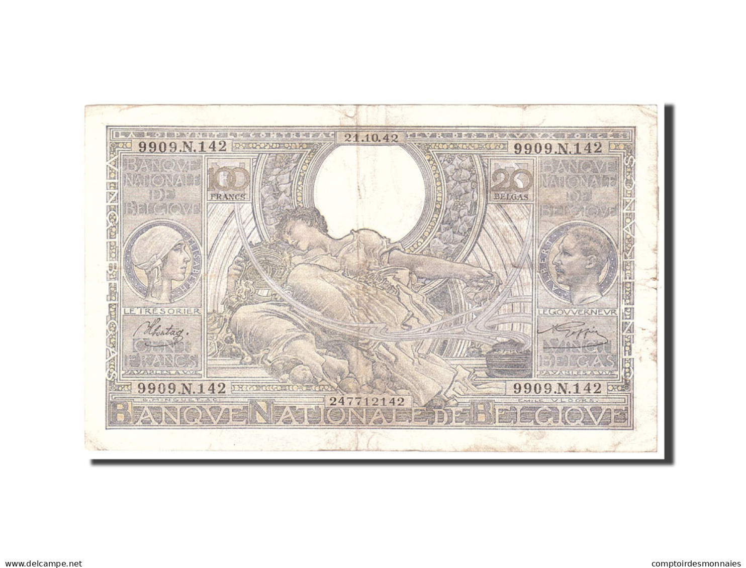 Billet, Belgique, 100 Francs-20 Belgas, 1942, 1942-10-21, KM:107, TB - 100 Francs-20 Belgas