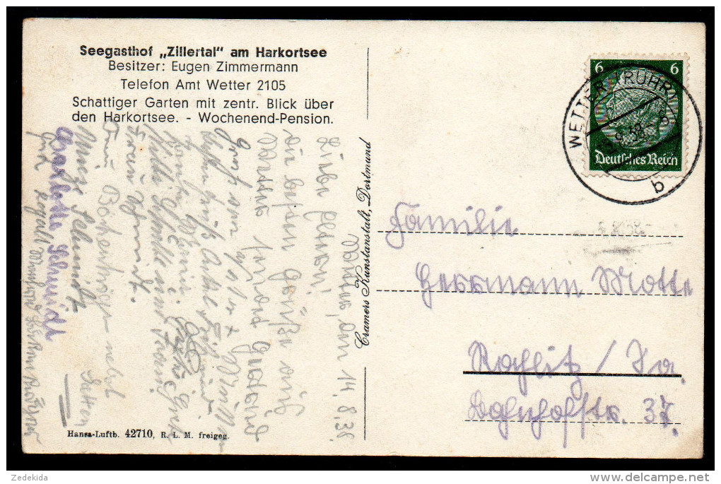 6381 - Alte Ansichtskarte - Seegasthof Zillertal Am Harkortsee - Wetter An Der Ruhr - Luftaufnahme Luftbild Gel. 1938 - Wetter